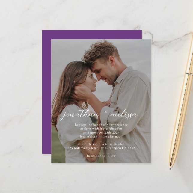 BUDGET QR Code Elegant Modern Purple Photo Wedding (Front/Back In Situ)