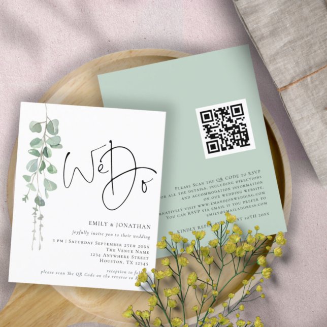 Budget QR Code Eucalyptus We Do Wedding Invitation (Front and back view)