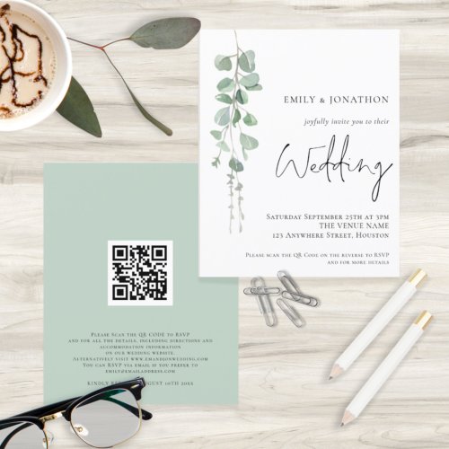 Budget QR Code Eucalyptus Wedding Invitation