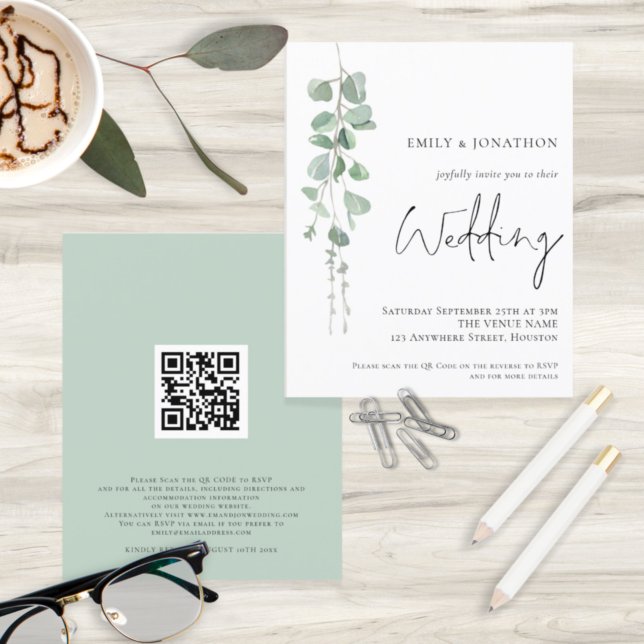 Budget QR Code Eucalyptus Wedding Invitation (Front and back view)
