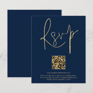 Budget QR Code Gold Navy Blue Script Wedding RSVP