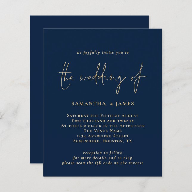 Budget QR Code Gold Navy Wedding Invitation (Front/Back)