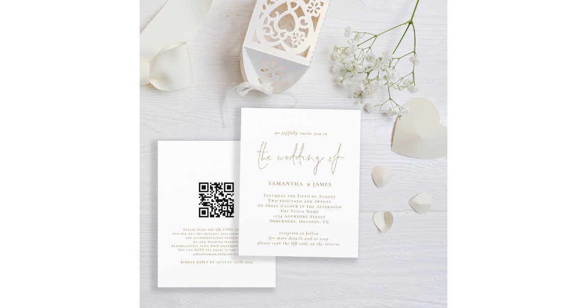 Budget QR Code Gold White Wedding Invitation | Zazzle