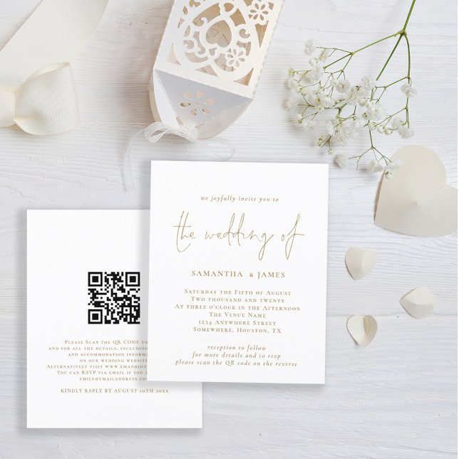 Budget QR Code Gold White Wedding Invitation (Front and back view. Budget price smaller invitation. Part of a matching wedding suite.)