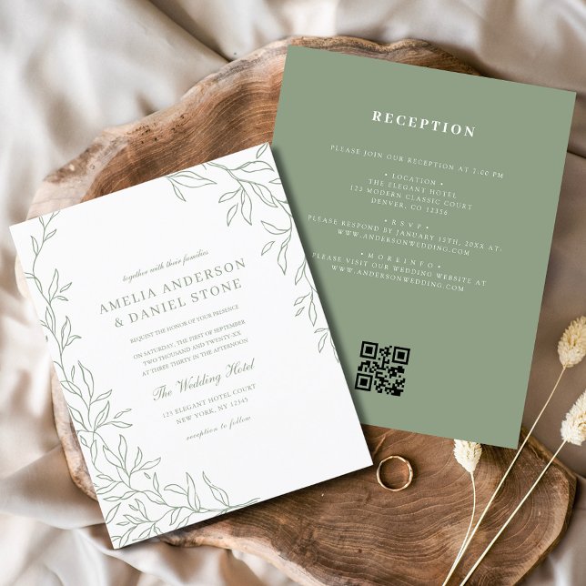 Budget QR Code Green Leaf Wedding Invitation (Creator Uploaded)