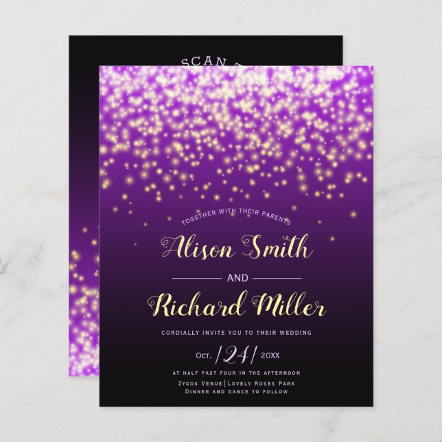 BUDGET QR code Lights purple wedding invitation (Front/Back)