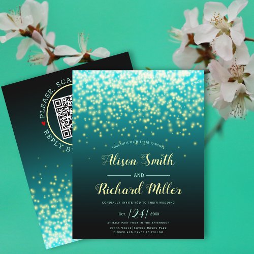 BUDGET QR code Lights teal blue wedding invitation