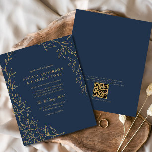 Budget QR Code Navy Blue Gold Wedding Invitation Flyer