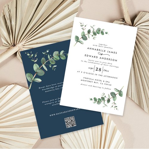 Budget QR code navy blue simple Eucalyptus leaf Invitation