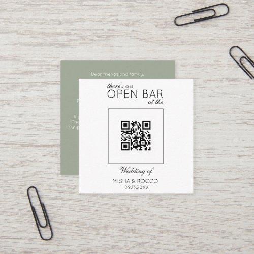 Budget QR Code Open Bar Minimalist Sage Wedding Square Business Card