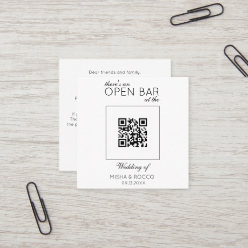 Budget QR Code Open Bar  Minimalist White Wedding  Square Business Card