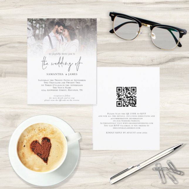 Budget QR Code Photo Script Wedding Invitation (Front and back view. Smaller size budget price alternative.)