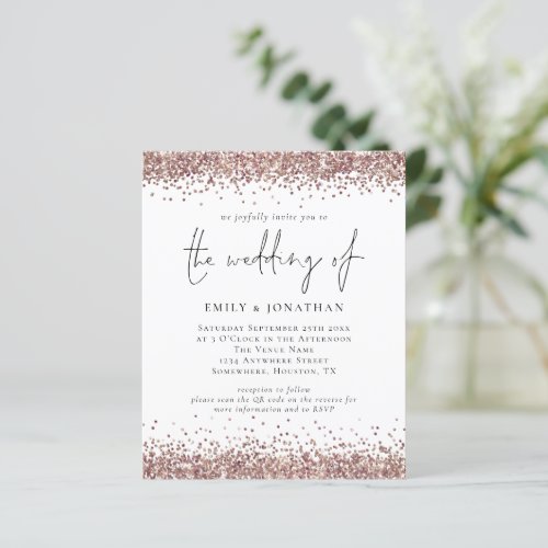 Budget QR Code Rose Gold Glitter Wedding Invite