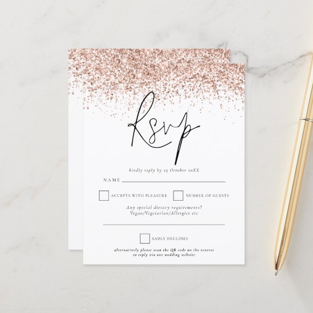 Budget QR Code Rose Gold Glitter Wedding RSVP (Front/Back In Situ)