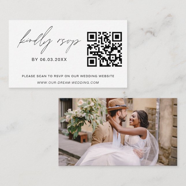 Budget QR Code RSVP Minimalist Wedding Photo Note Card (Front/Back)