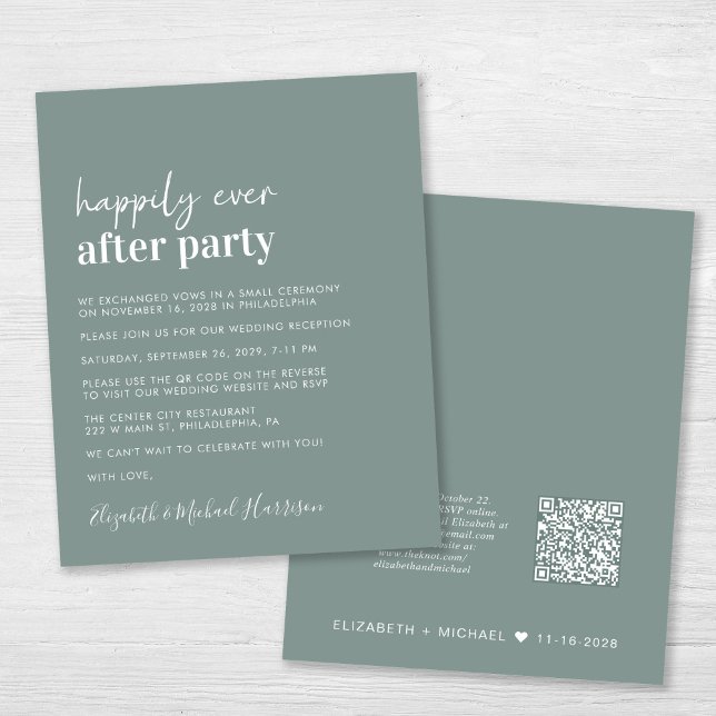 Budget QR Code Sage Green Wedding Reception Invite (An chic Happily Ever After Party all-in-one invitation for your wedding celebration)