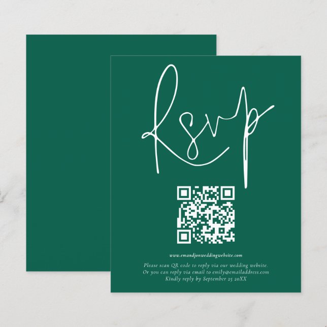 Budget QR Code Script Wedding Emerald RSVP (Front/Back)