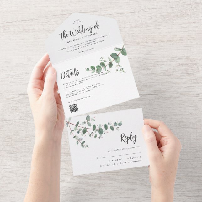 Budget QR code Wedding Eucalyptus botanical modern All In One Invitation (Tearaway)