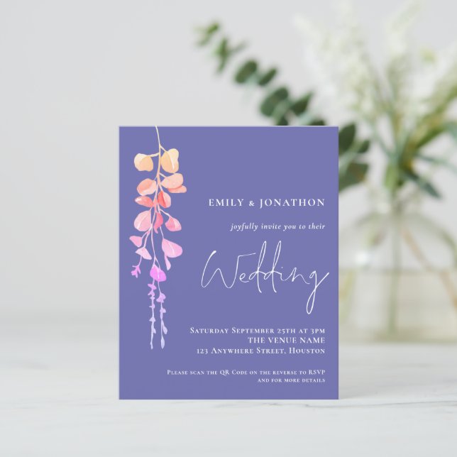 Budget QR Eucalyptus Periwinkle Wedding Invite (Standing Front)