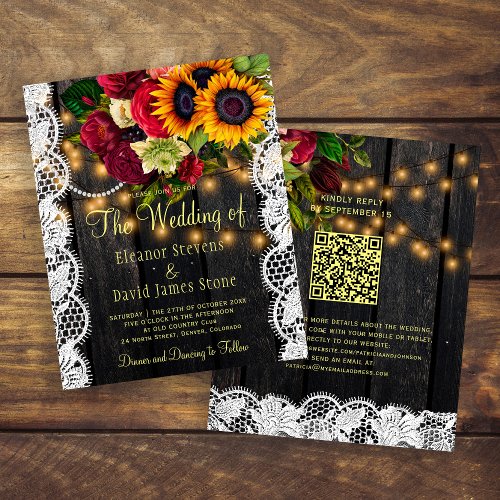 Budget QR rustic floral wood wedding invitation