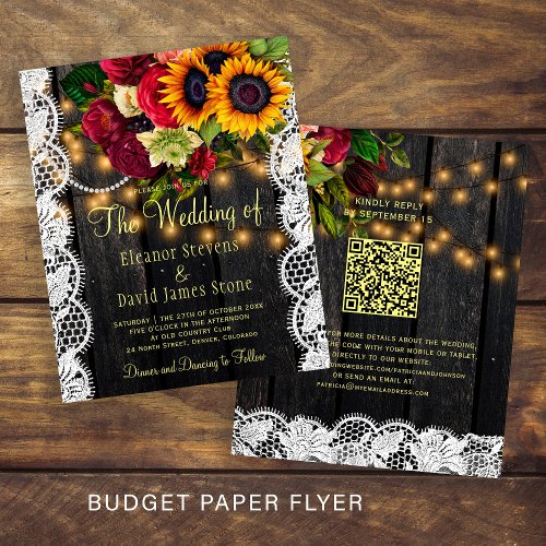 Budget QR rustic floral wood wedding invitation Flyer