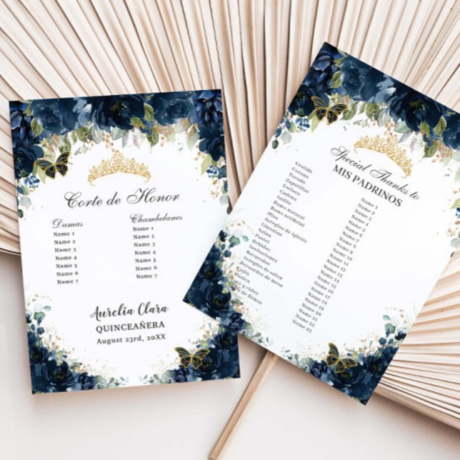 Budget Quinceañera 15 Navy Floral Corte Padrinos  Flyer (Creator Uploaded)