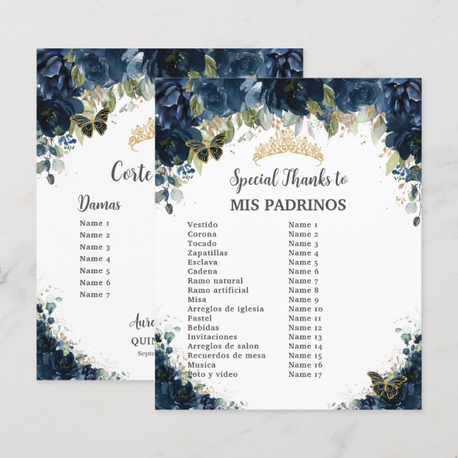 Budget Quinceañera 15 Navy Floral Padrinos Corte (Front/Back)