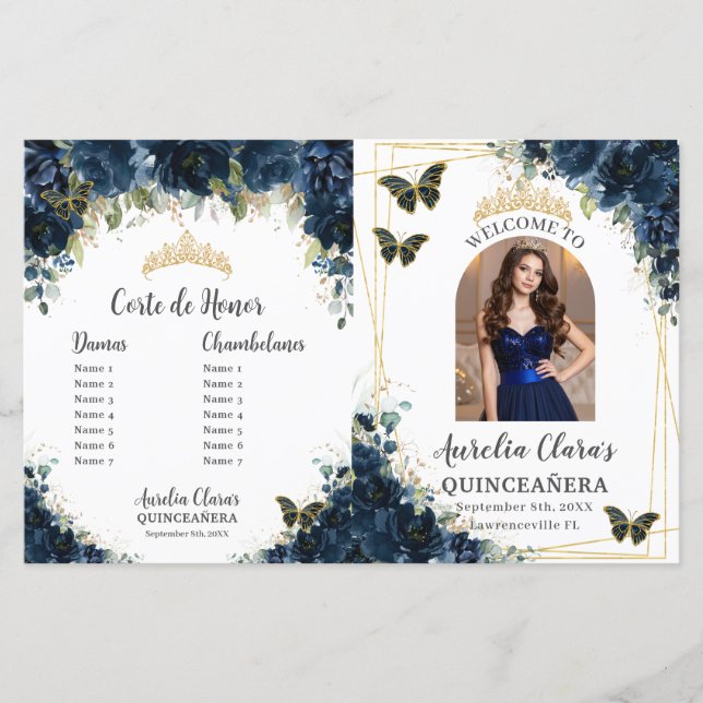 Budget Quinceañera 15 Navy Floral Padrinos Program (Front)