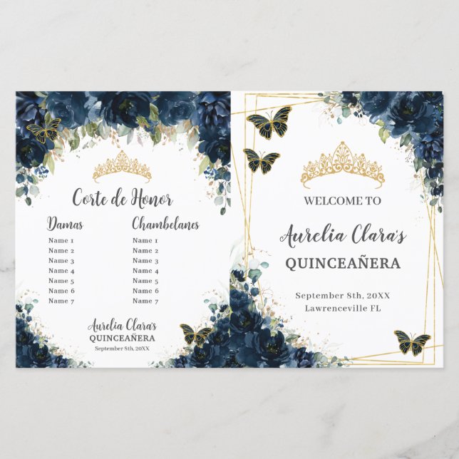 Budget Quinceañera 15 Navy Floral Padrinos Program (Front)