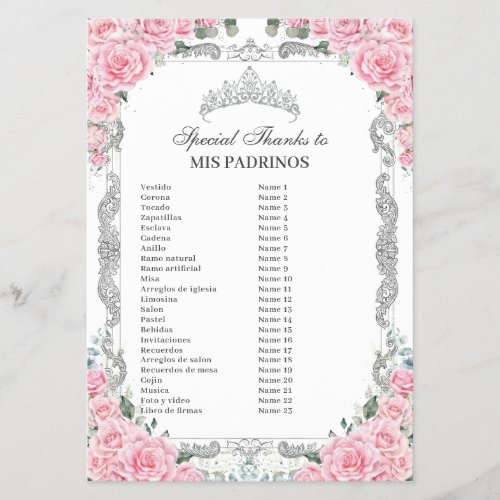 Budget Quincea&#241;era 15 Pink Floral Padrinos Corte Flyer
