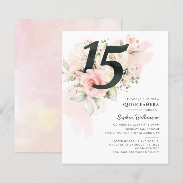 Budget Quinceanera 15th Birthday Floral Invitation (Front/Back)