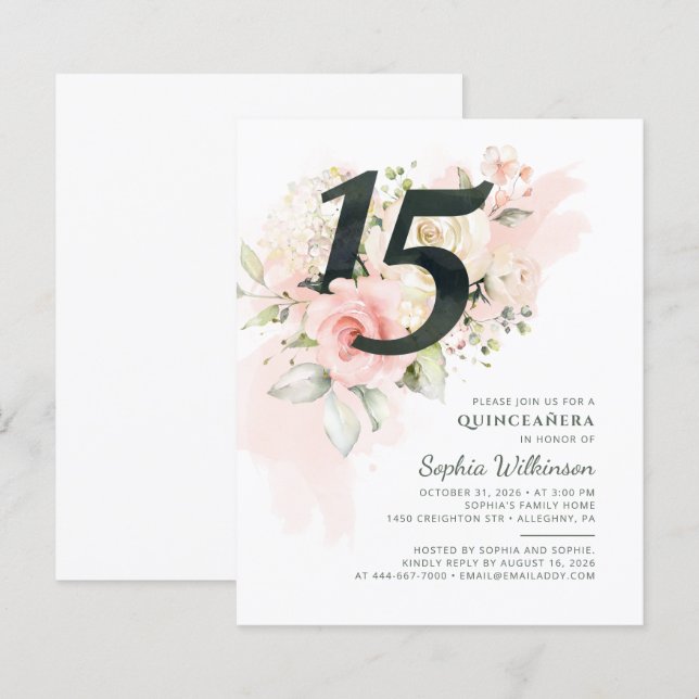 Budget Quinceanera 15th Birthday Floral Invitation (Front/Back)