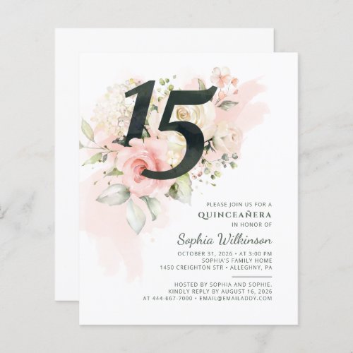 Budget Quinceanera 15th Birthday Floral Invitation