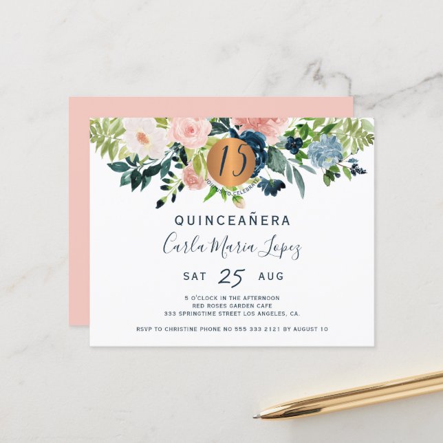 Budget Quinceañera birthday party invitation (Front/Back In Situ)