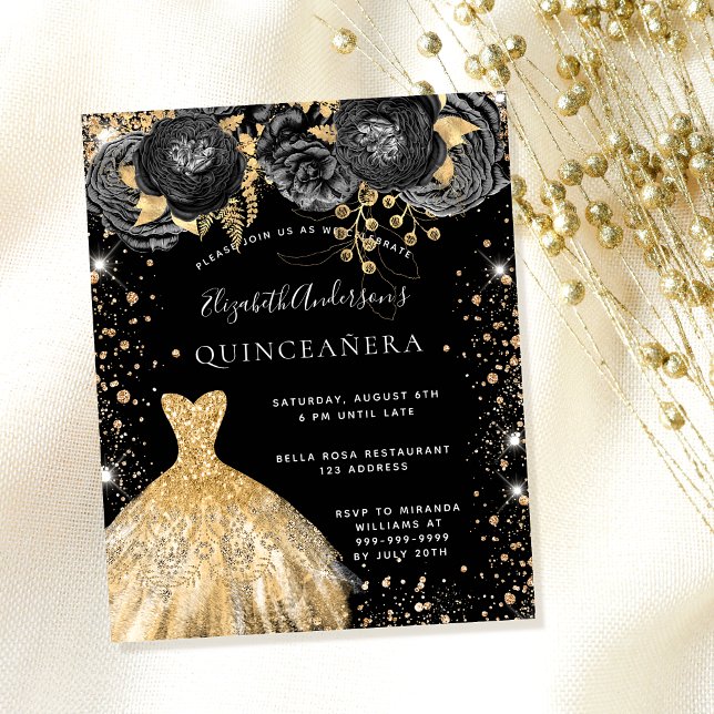 Budget Quinceanera black gold glitter dress floral