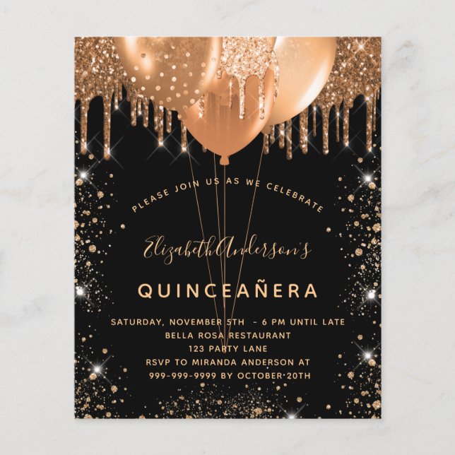 Budget Quinceanera black gold glitter invitation (Front)