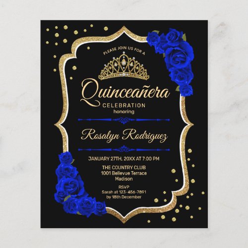 Budget Quinceanera _  Black Gold Royal Blue Invite Flyer