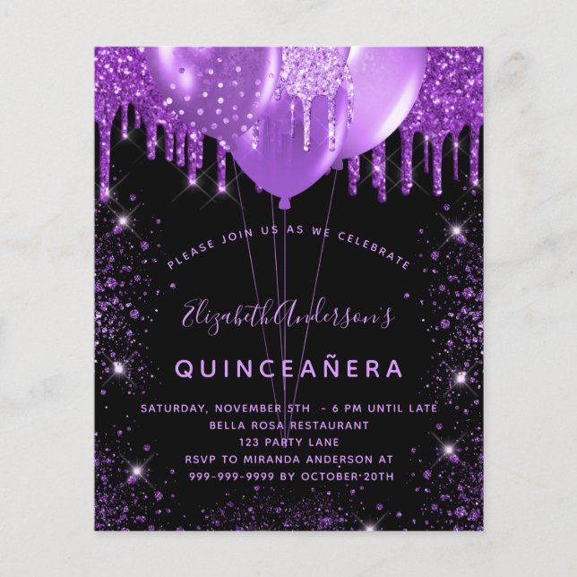Budget Quinceanera black purple glitter balloons  (Front)