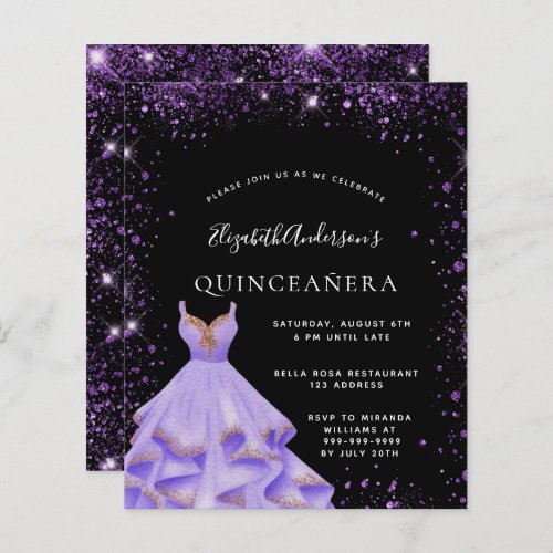 Budget Quinceanera black purple glitter dress