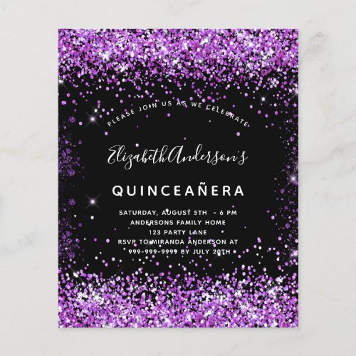 Budget Quinceanera black purple glitter invitation