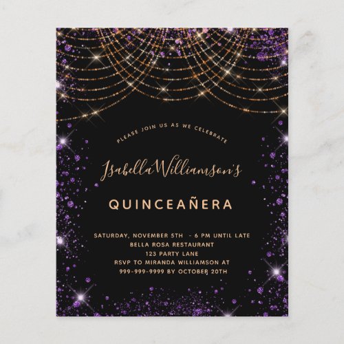 Budget Quinceanera black purple gold glitter dust