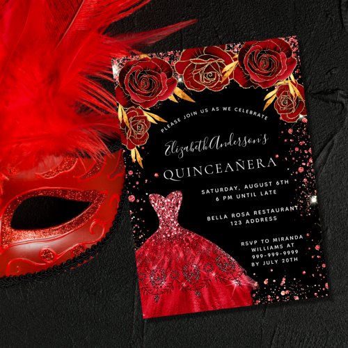 Budget Quinceanera black red dress invitation
