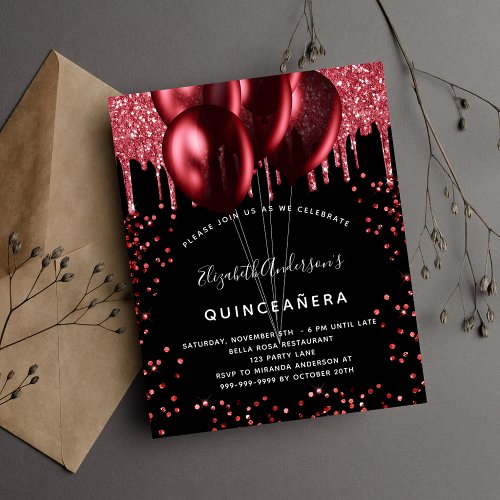 Budget Quinceanera black red glitter invitation