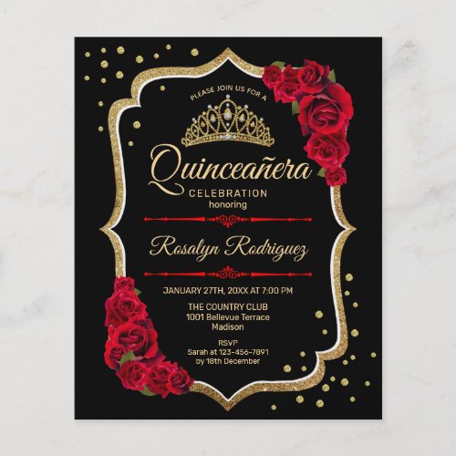 Budget Quinceanera _ Black Red Gold Invitation Flyer
