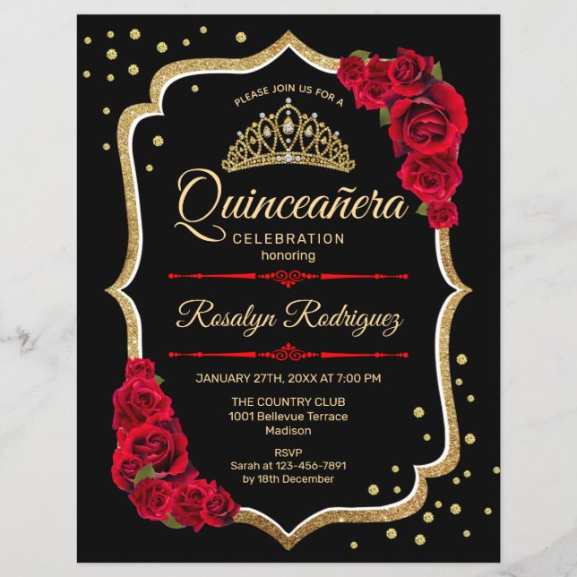 Budget Quinceanera - Black Red Gold Invitation Flyer (Front)