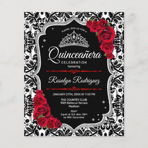 Budget Quinceanera _ Black Red Silver Invite Flyer