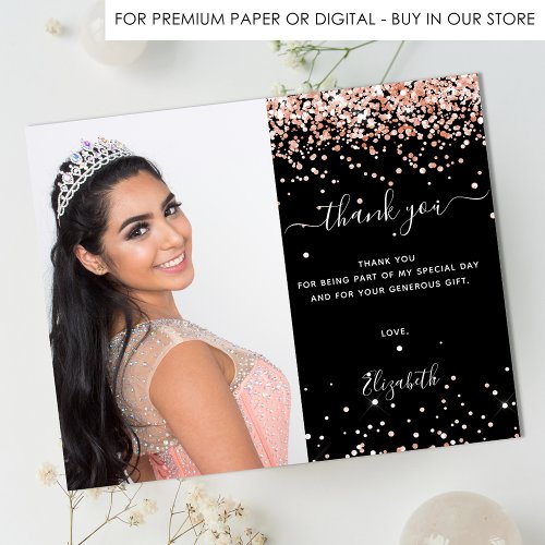 Budget Quinceanera black rose gold photo thank you