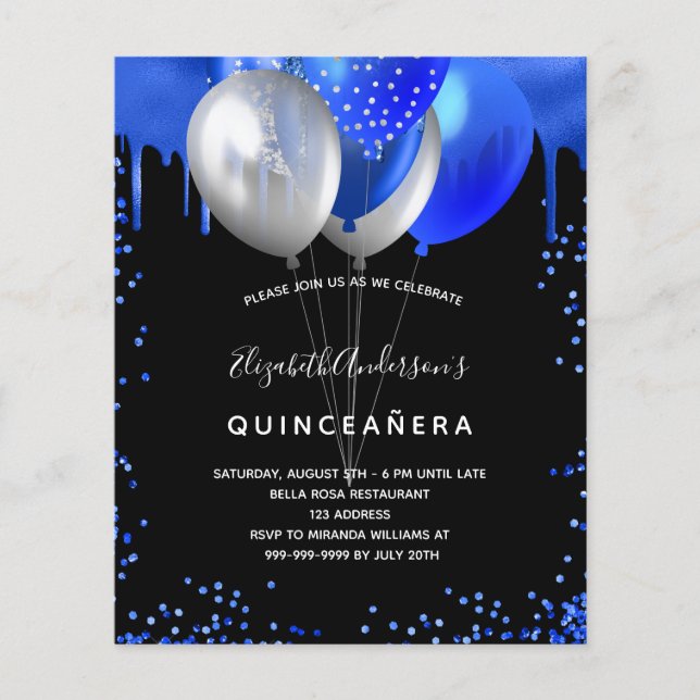 Budget Quinceanera black royal blue invitation (Front)