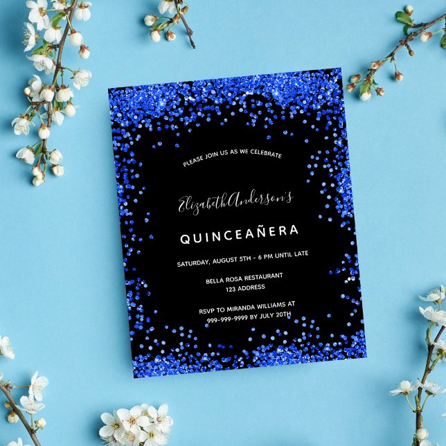 Budget Quinceanera black royal blue invitation