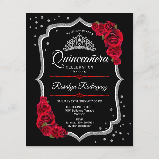 Budget Quinceanera - Black Silver Red Invitation Flyer (Front)
